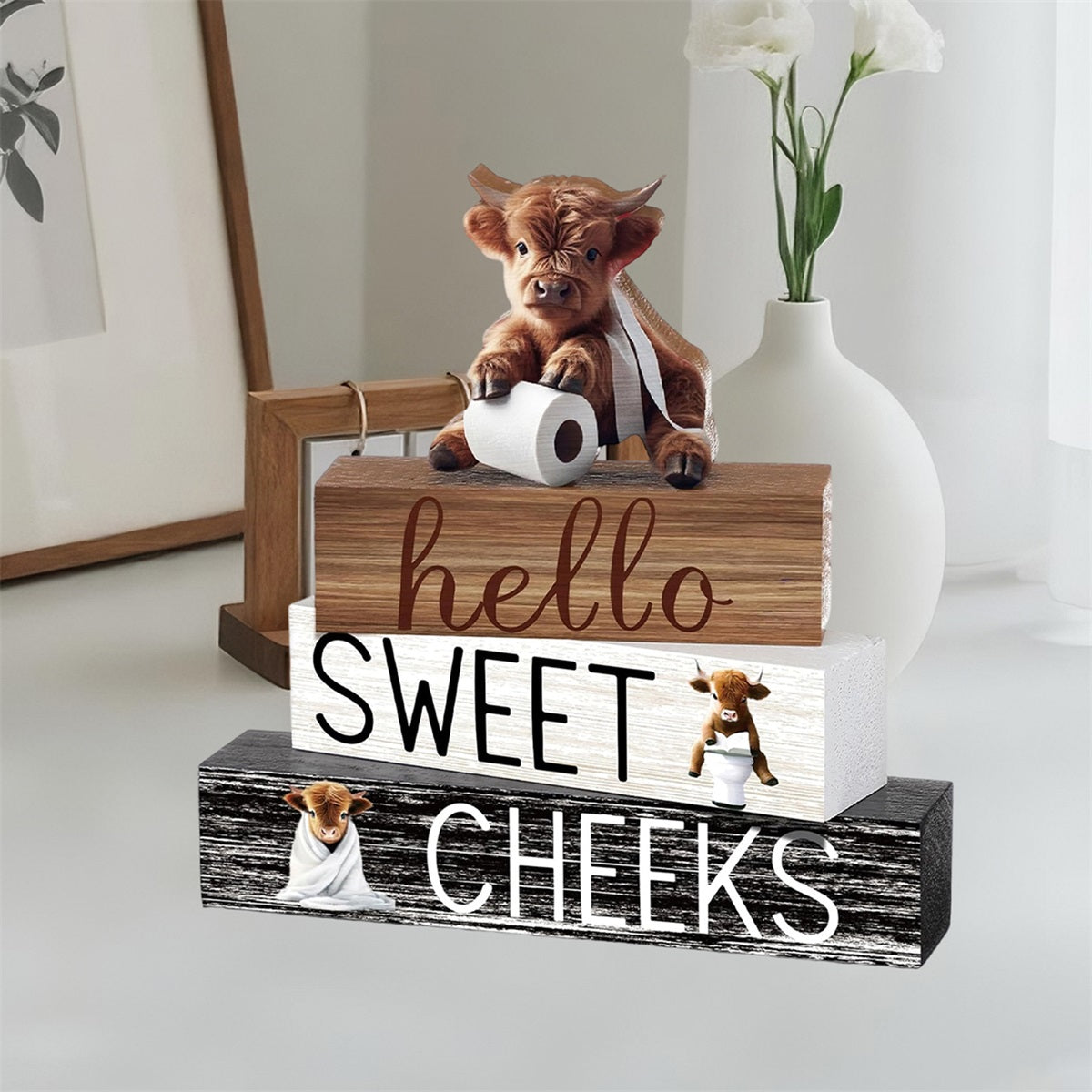 4pcs Wooden Highland (Cattle) Decor - 3 Rustic Scottish Figurines, Animal Blocks for Farmhouse Shelf, Tabletop, or Scottish-Themed Room Décor - Multi- Scottish Cattle Blocks Dropshipman