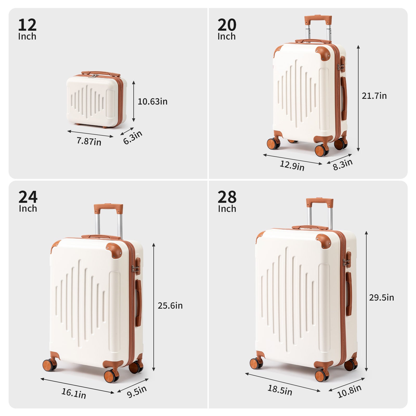 4/5pcs Hard Shell Luggage Set, Expandable & Lightweight Hardside Suitcase With 360° Spinner Wheels (12, 16, 20, 24, 28 Inch) - Stylish White Paired With Brown Luggage Dropshipman