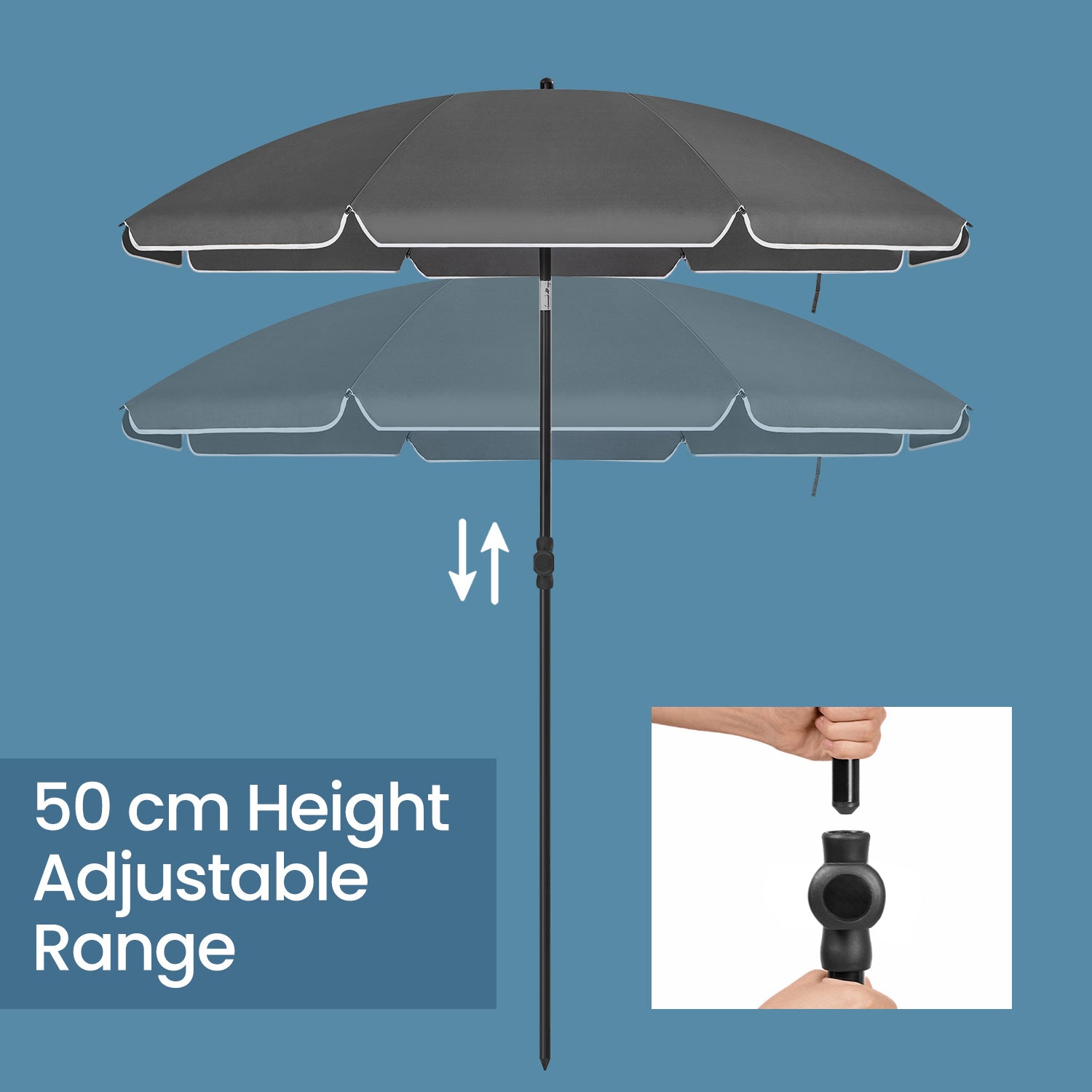 Beach Umbrella with Tilt Mechanism, UPF 50+ Sun Protection, Parasol for Garden Pool Balcony, Portable Canopy, Grey Dropshipman