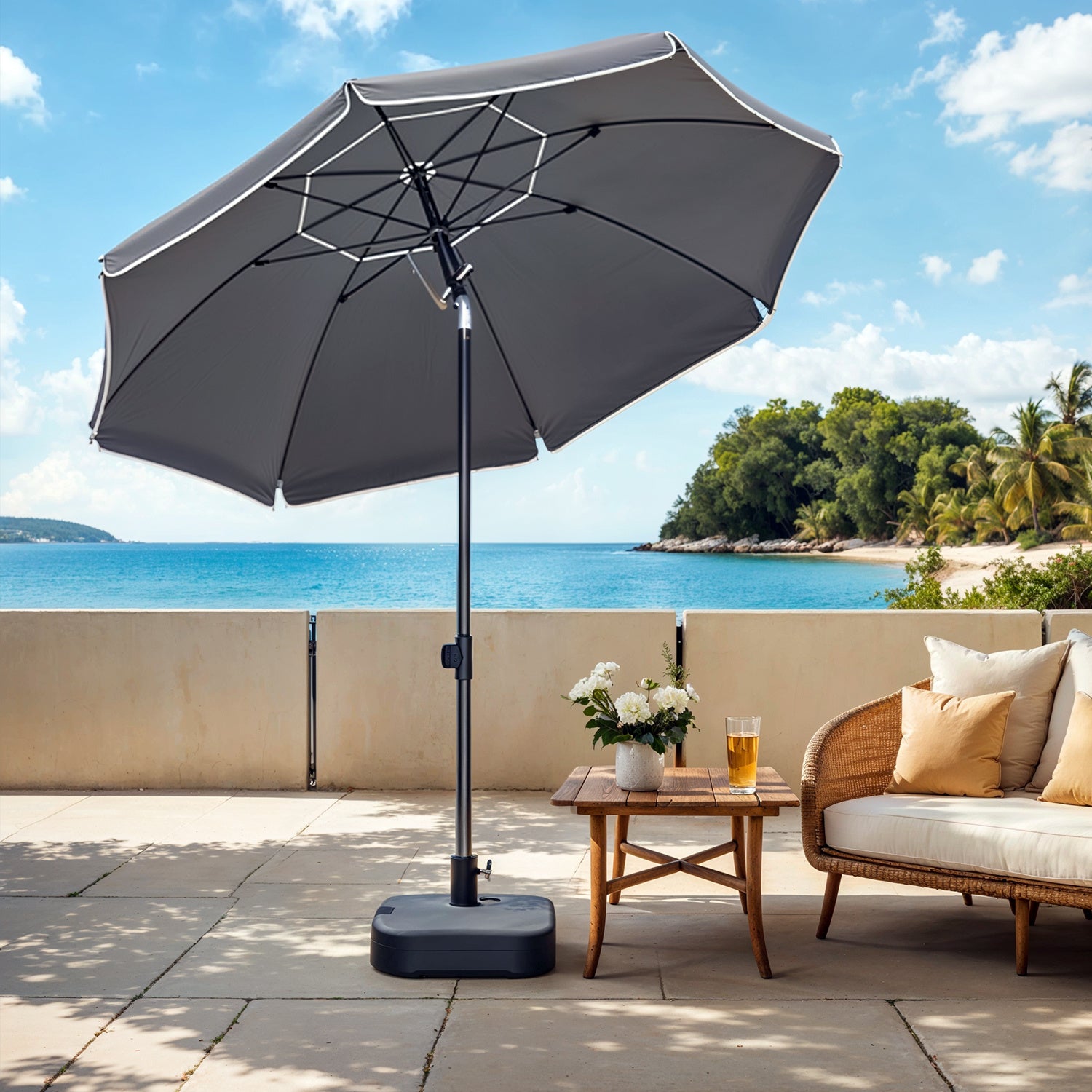 Beach Umbrella with Tilt Mechanism, UPF 50+ Sun Protection, Parasol for Garden Pool Balcony, Portable Canopy, Grey Dropshipman