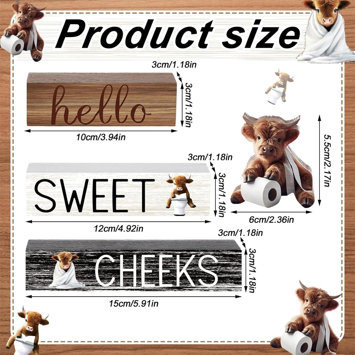 4pcs Wooden Highland (Cattle) Decor - 3 Rustic Scottish Figurines, Animal Blocks for Farmhouse Shelf, Tabletop, or Scottish-Themed Room Décor - Multi- Scottish Cattle Blocks Dropshipman